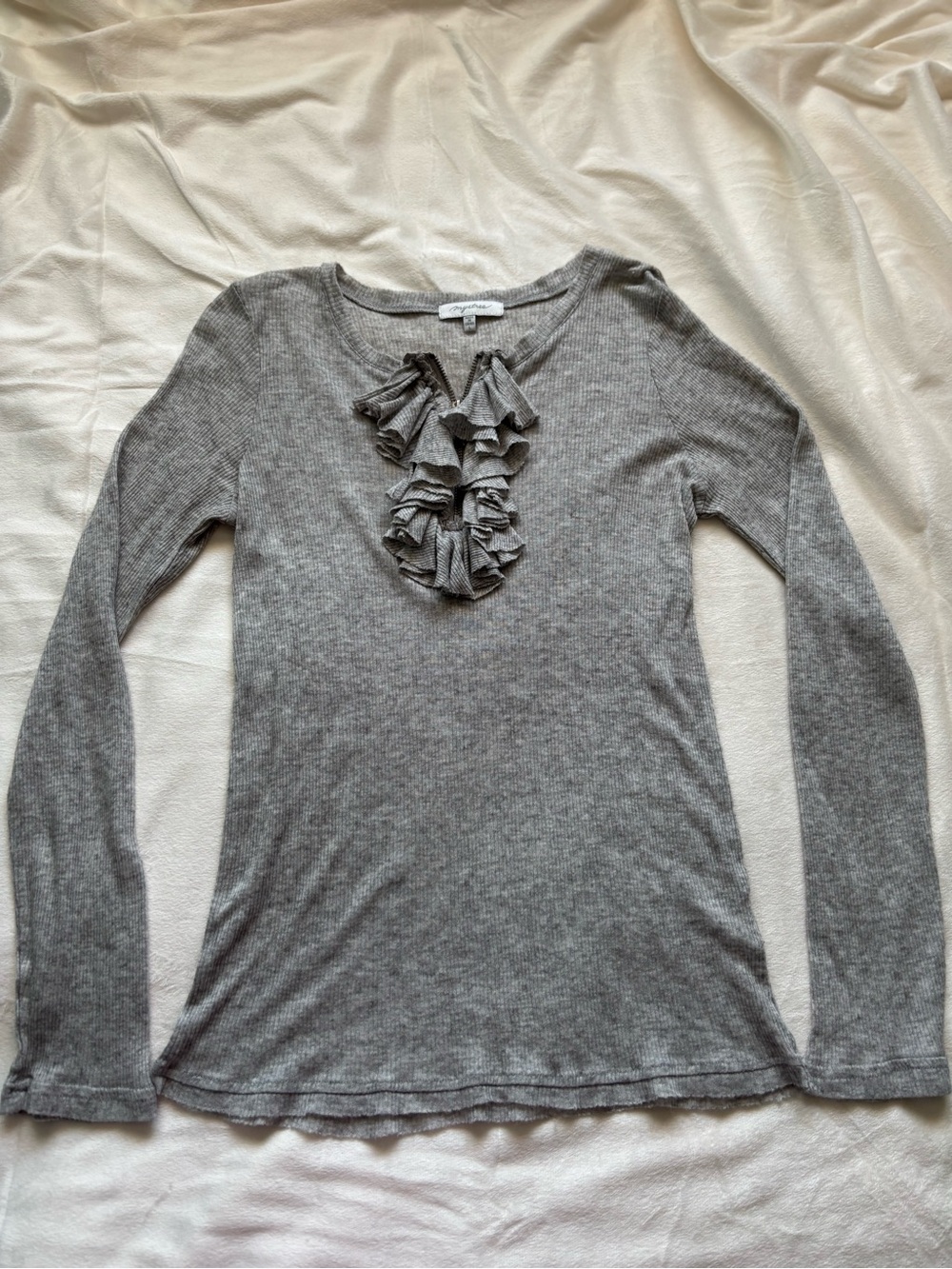 Mystree Gray Ruffle Front Long Sleeve Top